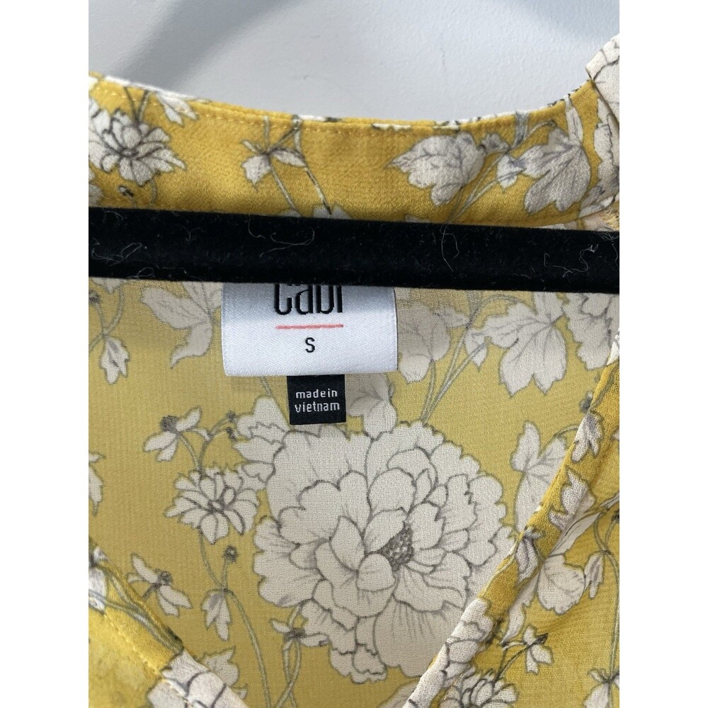 CABI Amelia Gather Top Yellow Black Floral Sheer Peasant Blouse Sz S Flowy Chic - Picture 5 of 9